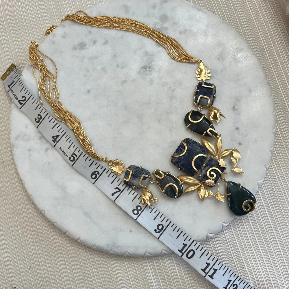 Gemstone Statement Necklace Sodalite Gold Tone‎ Floral Bib Grecian Boho Jewelry
